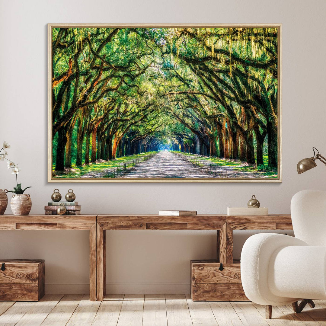 The Serene Tree Tunnel Canvas Print decorates the wall.