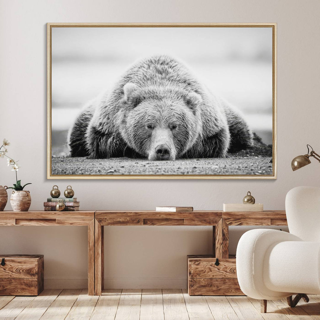 Resting Grizzly Bear wall art displayed in a modern room.