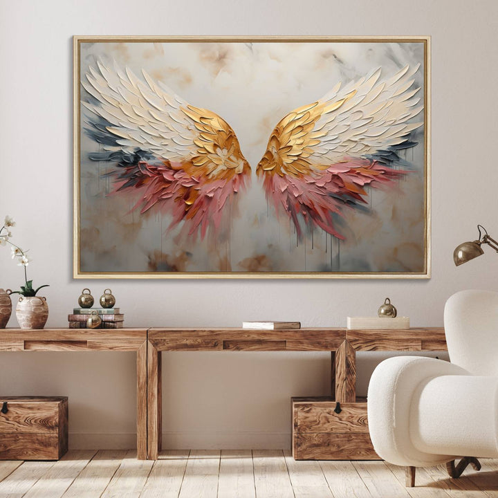 The Golden Angel Wings canvas print elegantly adorns the wall.