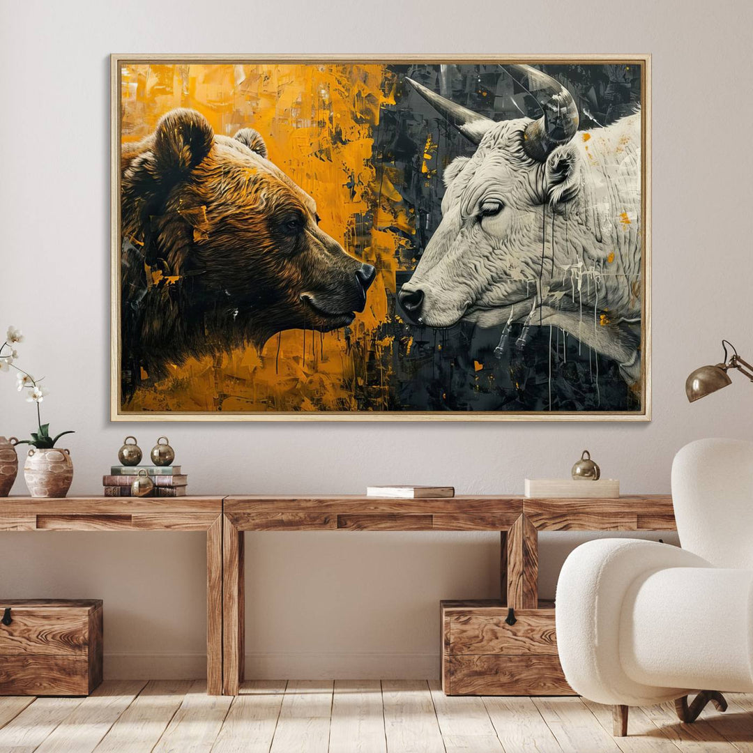 The Bear and Bull Wall Art Canvas Print adorns the wall.