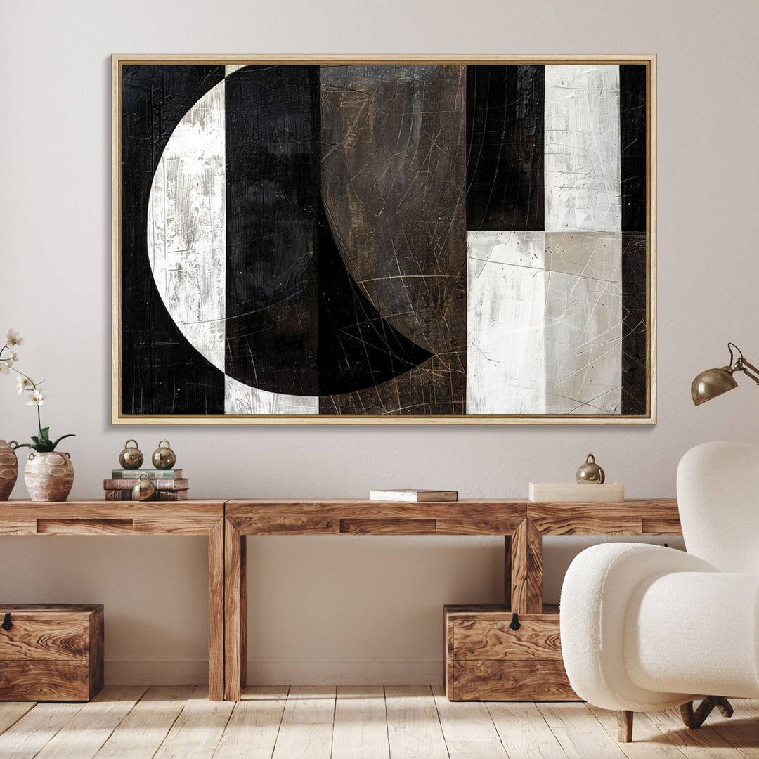 Wabi Sabi Wall Art Canvas Set features black, white, and brown geometric shapes.