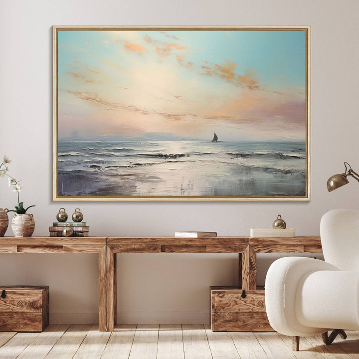 An Abstract Ocean Wall Art - Boat Canvas Print hangs prominently.