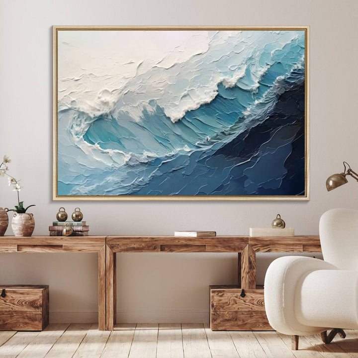 A Blue Abstract Wave Ocean Wall Art Canvas Print adorns the wall.