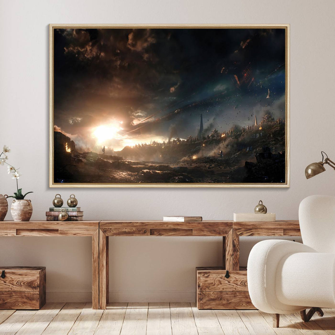 The Avengers Planet Wall Art Canvas Print depicts a stormy sky with figures.