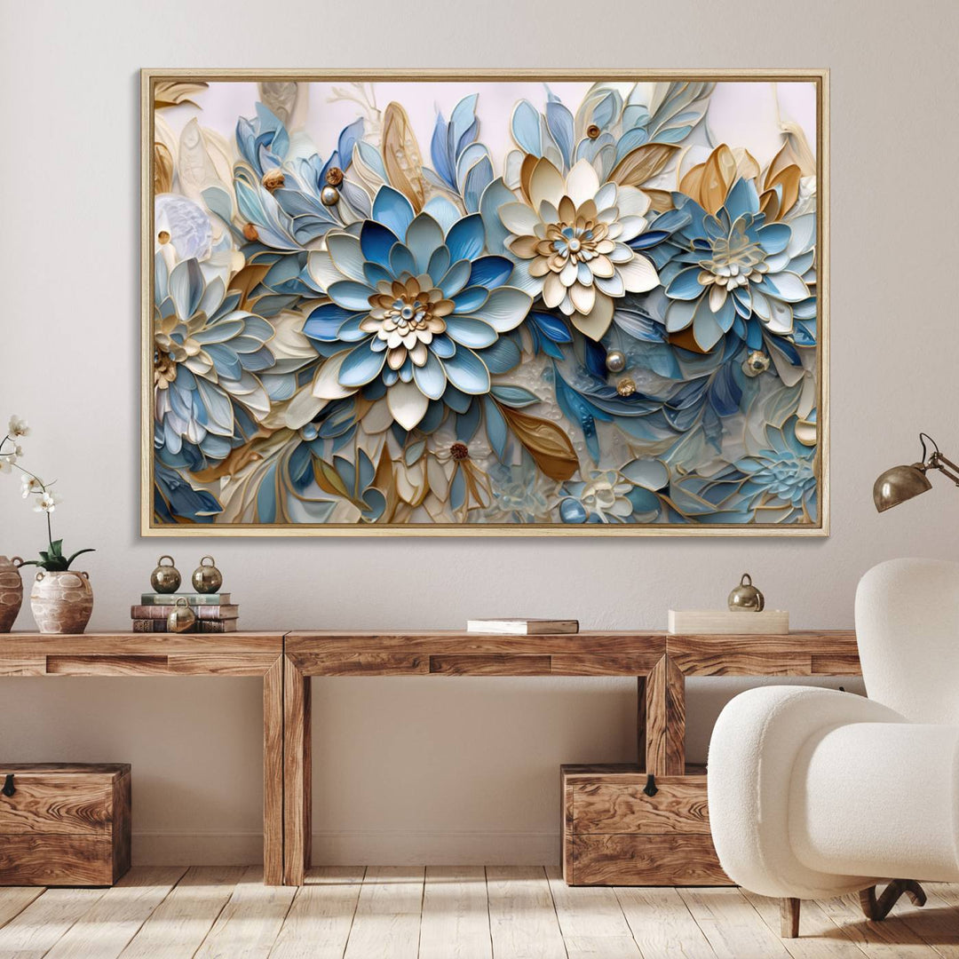 Blu Abstract Flower Canvas with blue, white, and gold petals—perfect home decor.