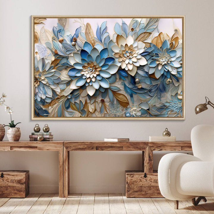 Blu Abstract Flower Canvas with blue, white, and gold petals—perfect home decor.