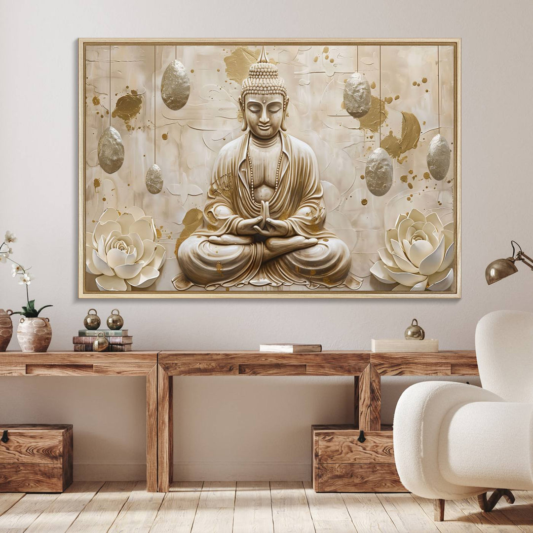 A modern Serene Buddha Wall Art, enhanced by lotus flowers, creates a tranquil atmosphere.