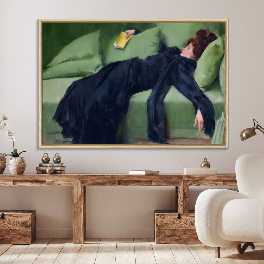 A modern kitchen features a Decadent Girl by Ramon Casas canvas print on the wall.