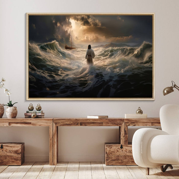 The wall art canvas print depicts a person in white striding on stormy ocean waves towards a sailboat under dramatic skies.