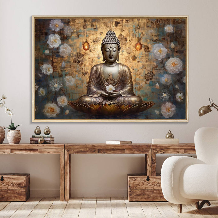 Golden Buddha wall art canvas print on a warm backdrop.