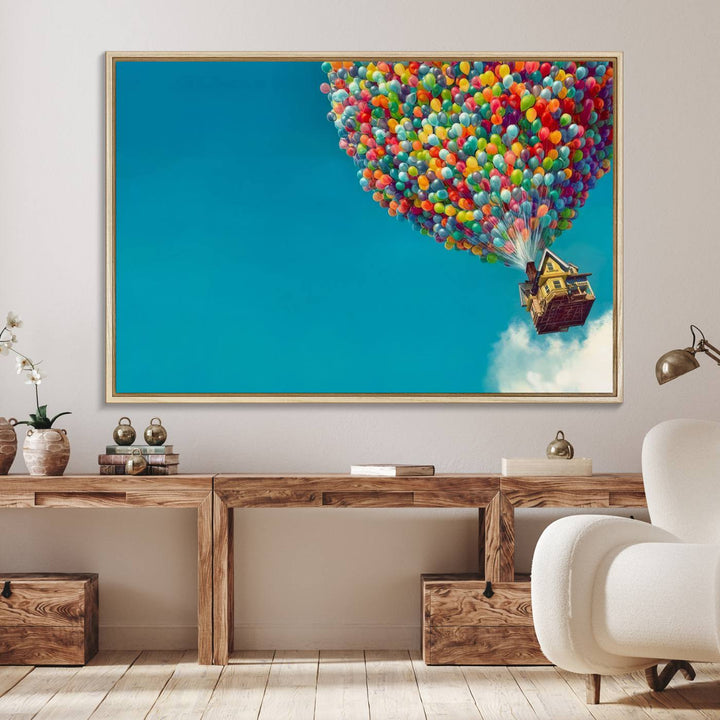 The Carl Fredricksen Up Movie Wall Art, featuring a colorful balloon house, adds vibrant decor to the space.