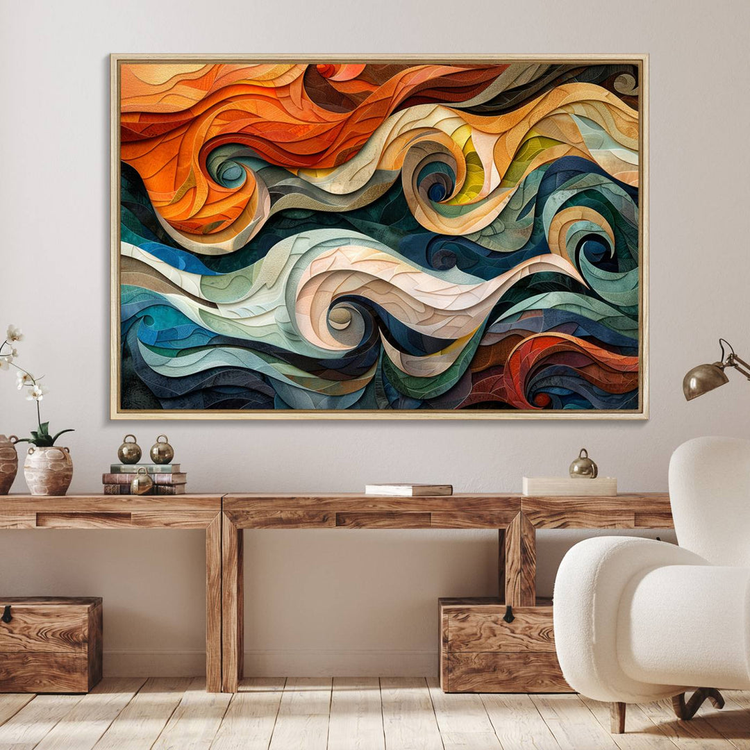 The Abstract Wave Wall Art is vibrant decor ideal for modern spaces.