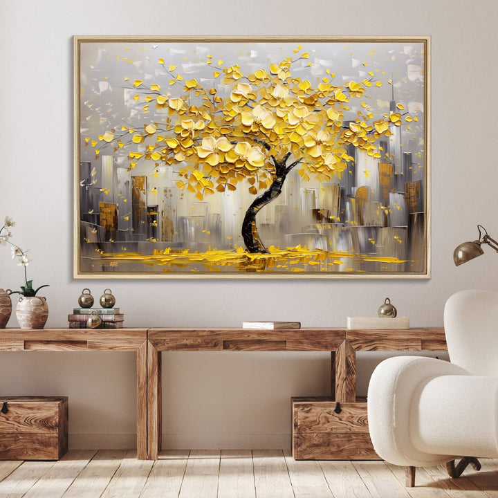 Golden Tree Canvas Print: Abstract wall art featuring golden leaves over a cityscape, ideal for modern homes. Ready to hang.