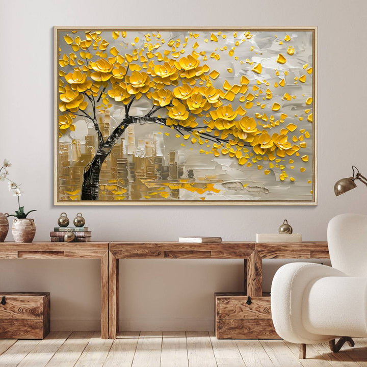 The living room showcases a Yellow Blossom Tree Canvas Wall Art, modern and floral.