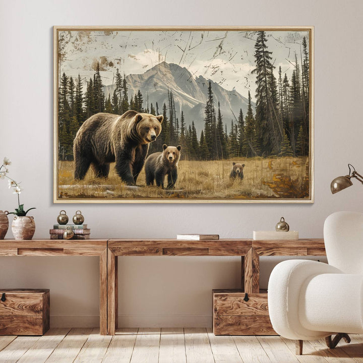 Rustic Grizzly 399: Bear Family Wall Art Canvas Print.