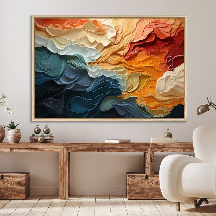 Blue Orange Abstract Wave Wall Art Canvas Print.