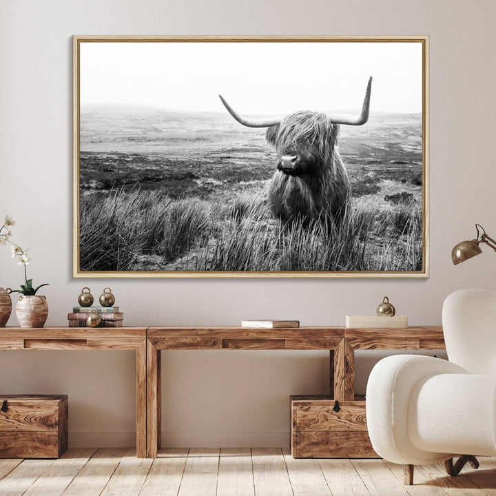 The Scottish Highland Cow black and white canvas print adds rustic farmhouse charm to any wall.