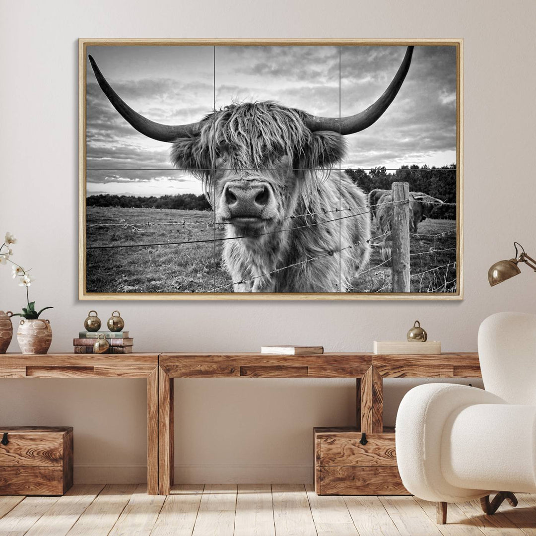 The Scottish Highland Cow Wall Art Canvas Print is ready to hang and framed, adding rustic farmhouse decor to your wall.