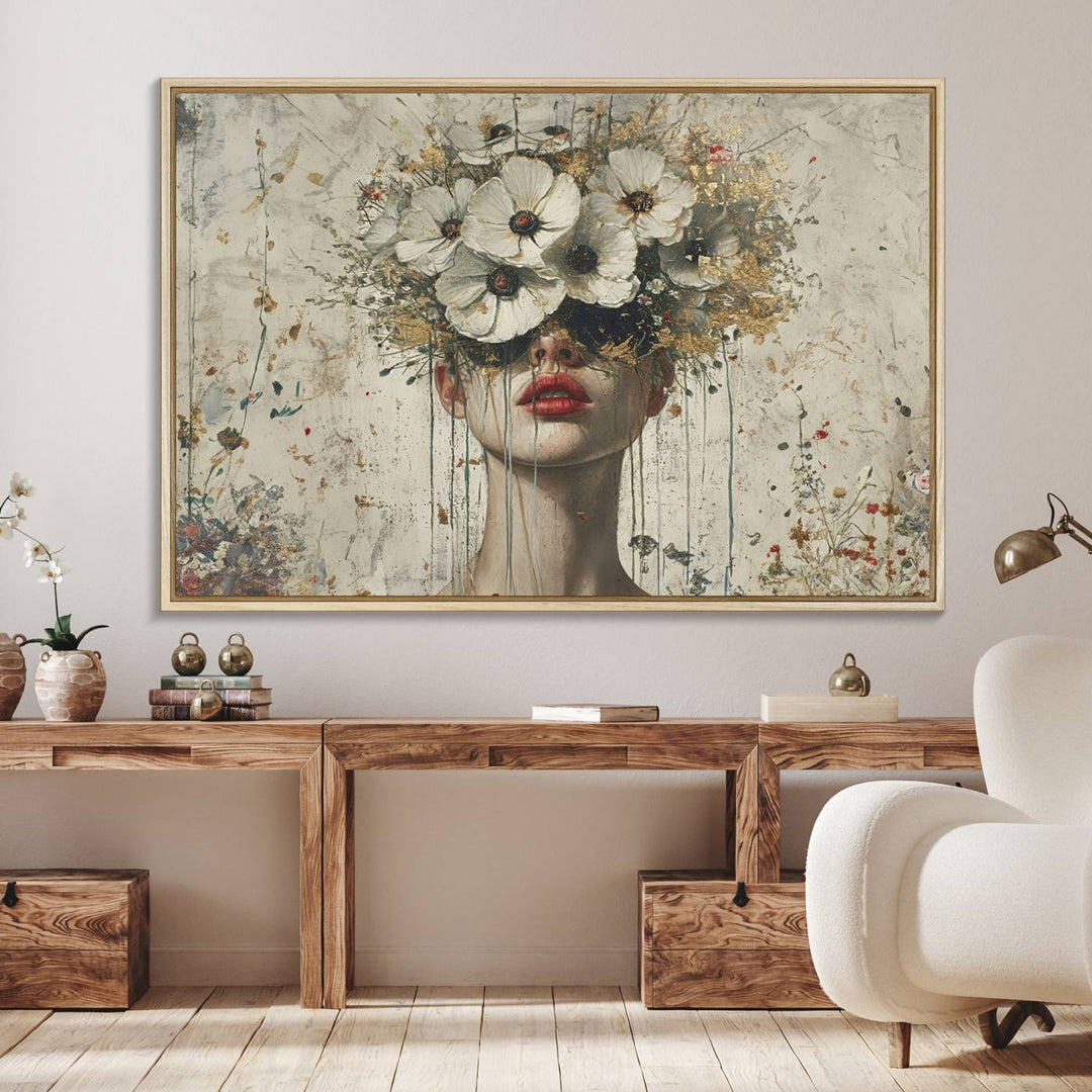 An abstract floral painting on canvas, adorned with vibrant splatters and blooming flowers.