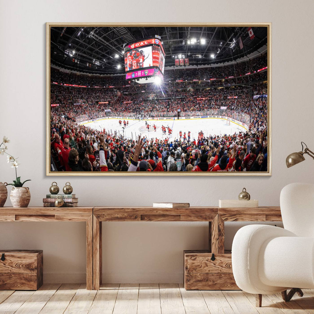 The wall art, a high-quality basketball arena canvas, evokes the excitement of fans cheering at the Amerant Bank Arena.