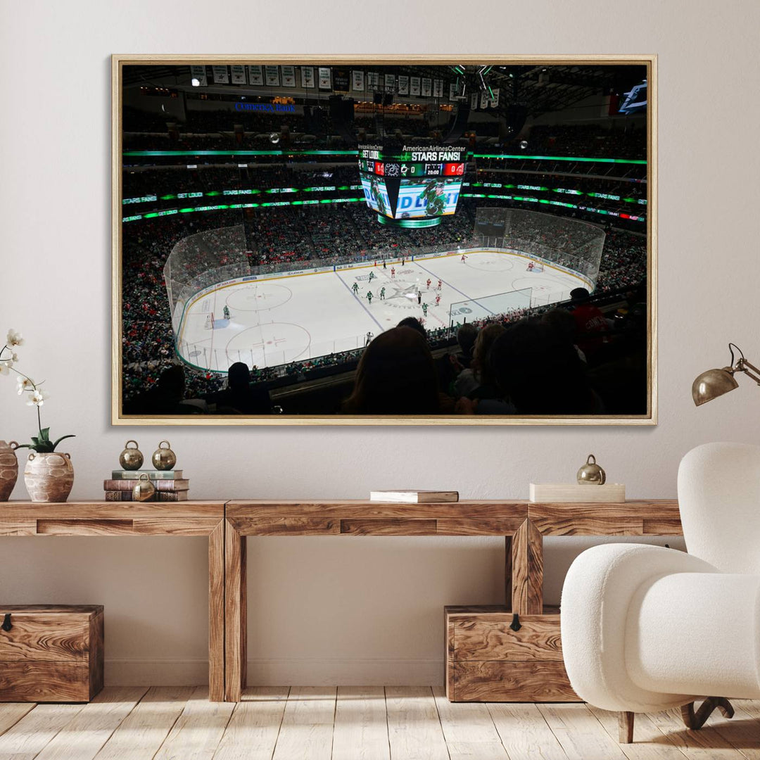 The Dallas Stars Wall Art Canvas Print is as clear as the scoreboard stats at a hockey game in a large arena with bright lights.