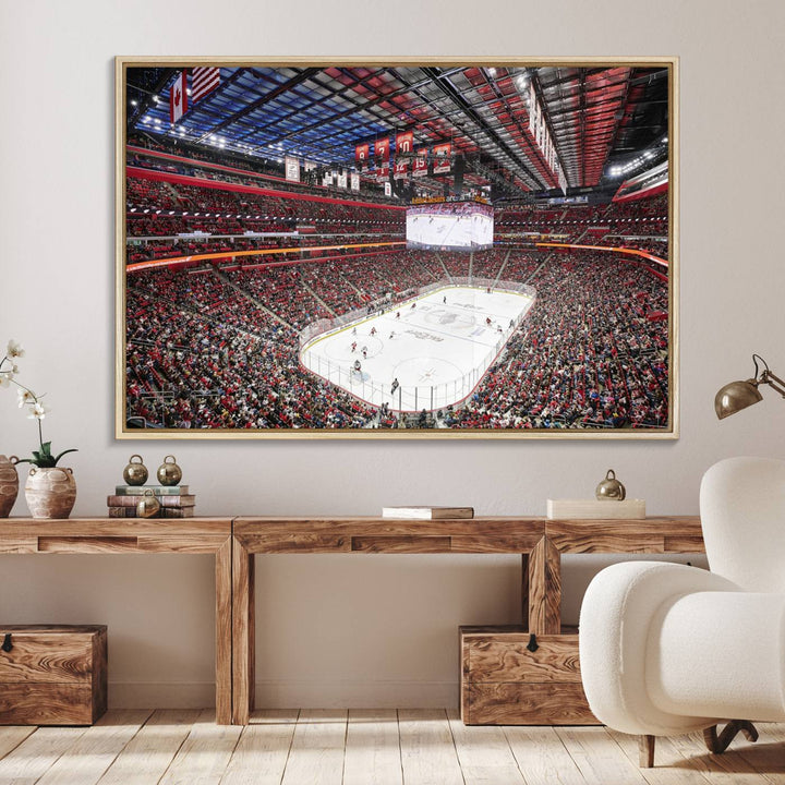 A Barton Malow canvas depicting Little Caesars Arena from above is beautifully printed in high resolution for your wall.