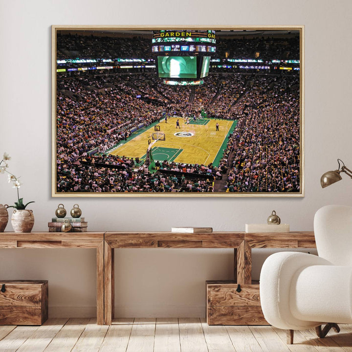 The Celtics vs. Timberwolves canvas print captures a lively arena scene, making it perfect for indoor sports decor.