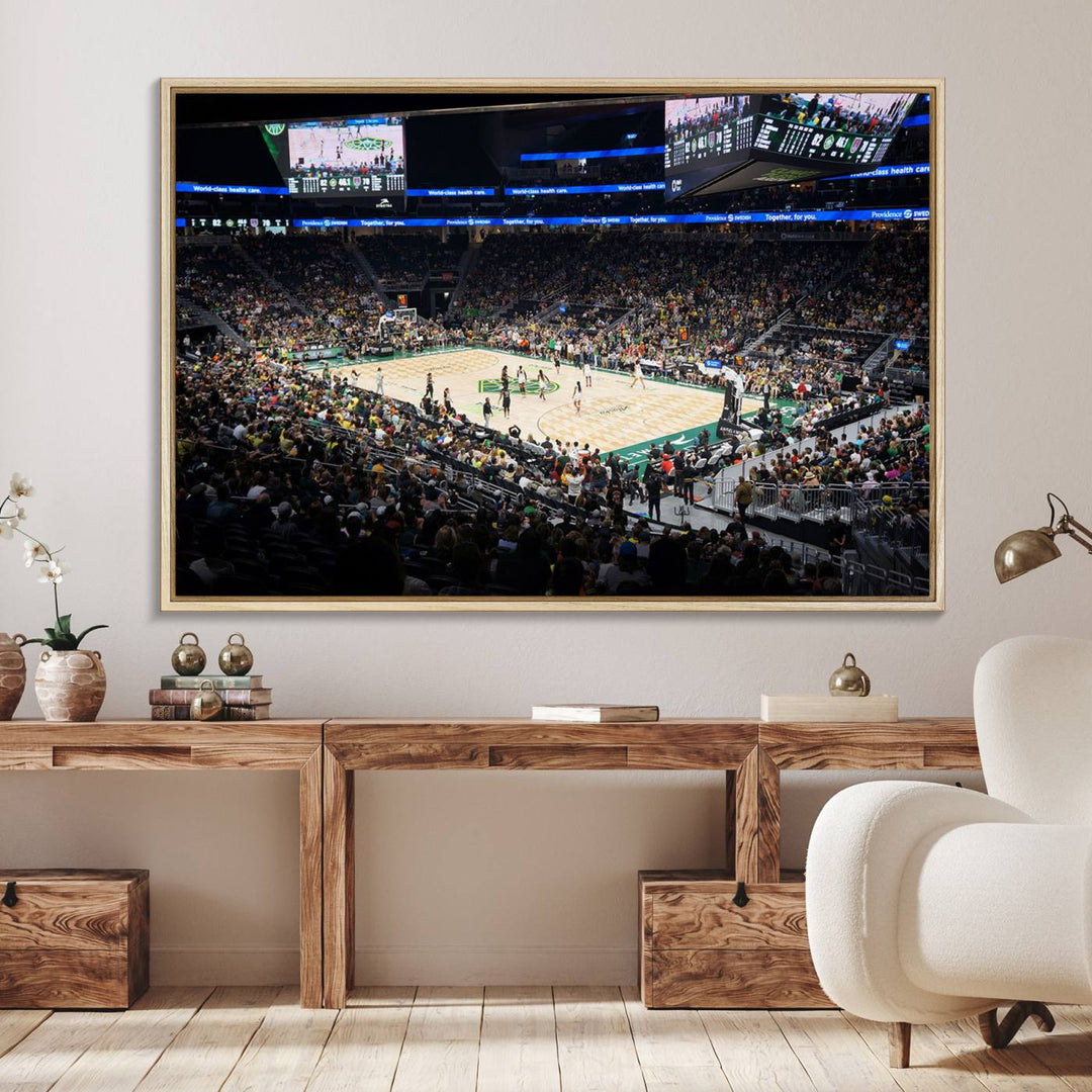 The Canvas Print of Climate Pledge Arena featuring the Seattle Kraken enhances a living room wall.