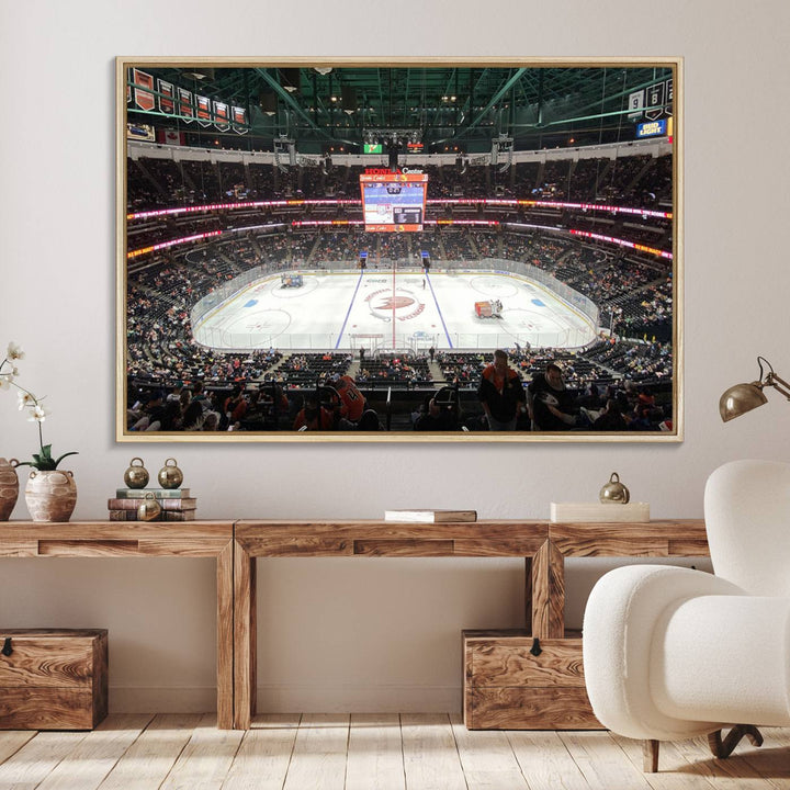 The wall art of the Honda Center California Anaheim Ducks Ice Hockey Stadium features a depiction of the rink and scoreboard from the perspective of the upper deck.