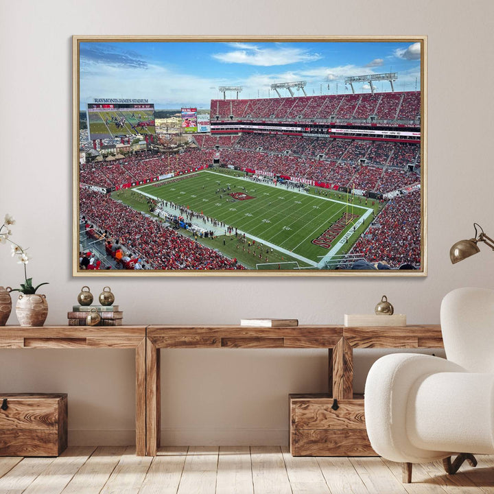 The Florida Tampa Raymond James Stadium Wall Art Canvas Print is featured above the cabinet.