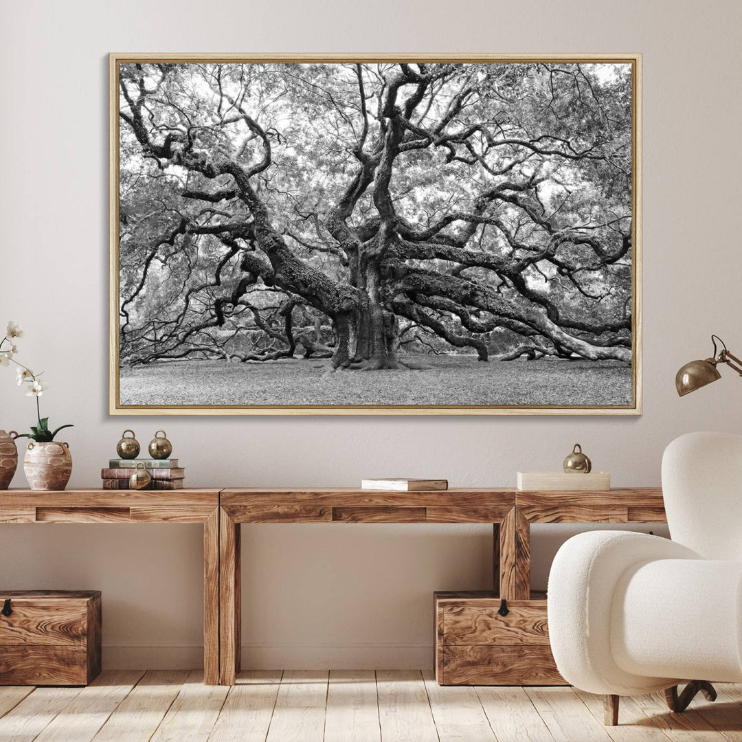 The Black White Angel Oak Tree wall art adds timeless, nature-inspired decor.