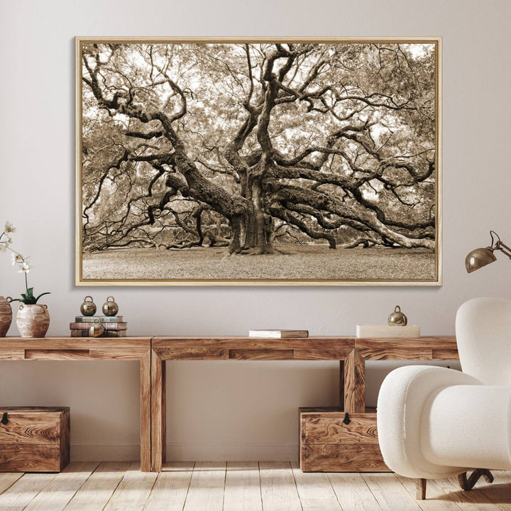 Displayed on the wall is a Sepia-framed Angel Oak Tree 3-panel canvas.