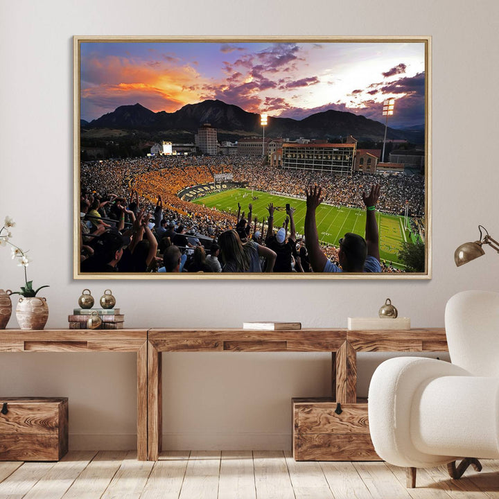 The Folsom Field Stadium Print beautifully captures the Colorado Buffaloes stadium at sunset, set against a stunning mountain backdrop.