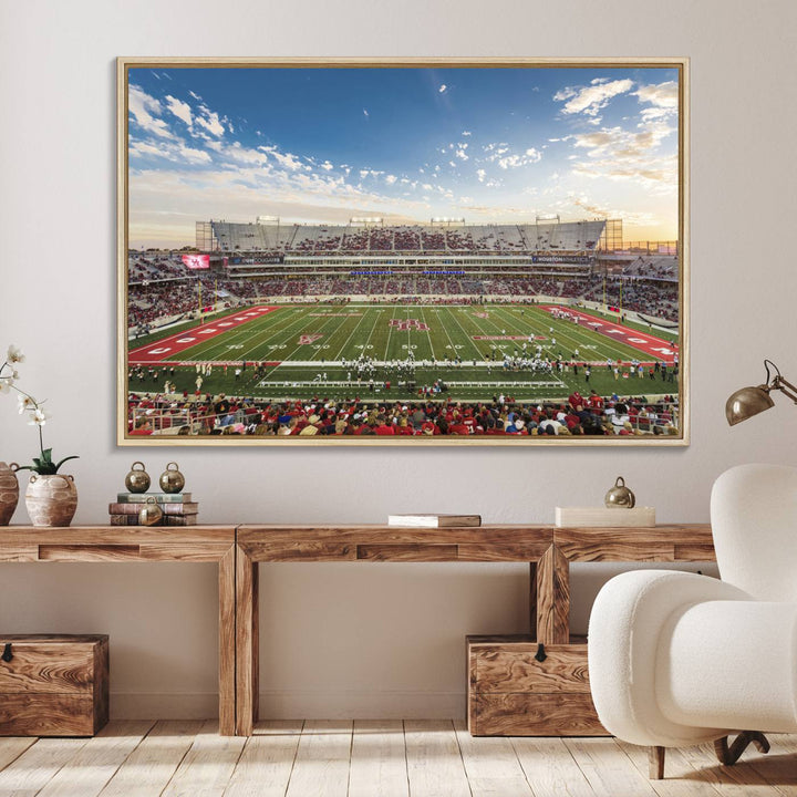 A Houston Cougars print of TDECU Stadium with a game crowd beautifully enhances the living room decor.