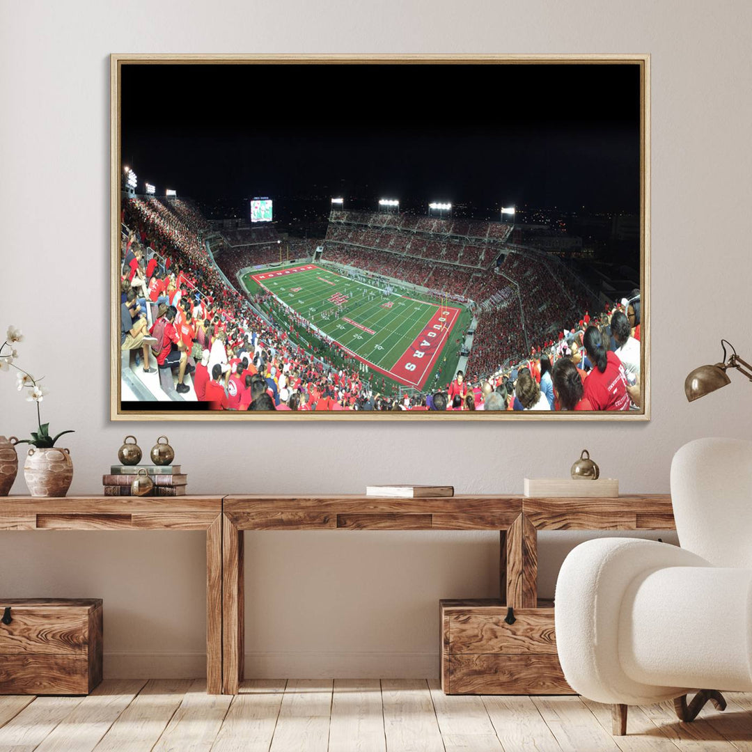 The wall art canvas print features a scene from a packed TDECU Stadium at night, highlighting the field and scoreboard.