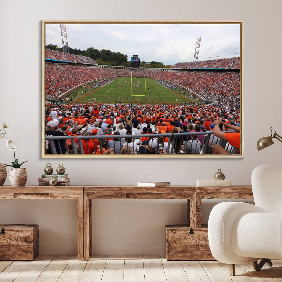 The Virginia Cavaliers Wall Art Canvas Print features a thrilling game at Scott Stadium surrounded by greenery.