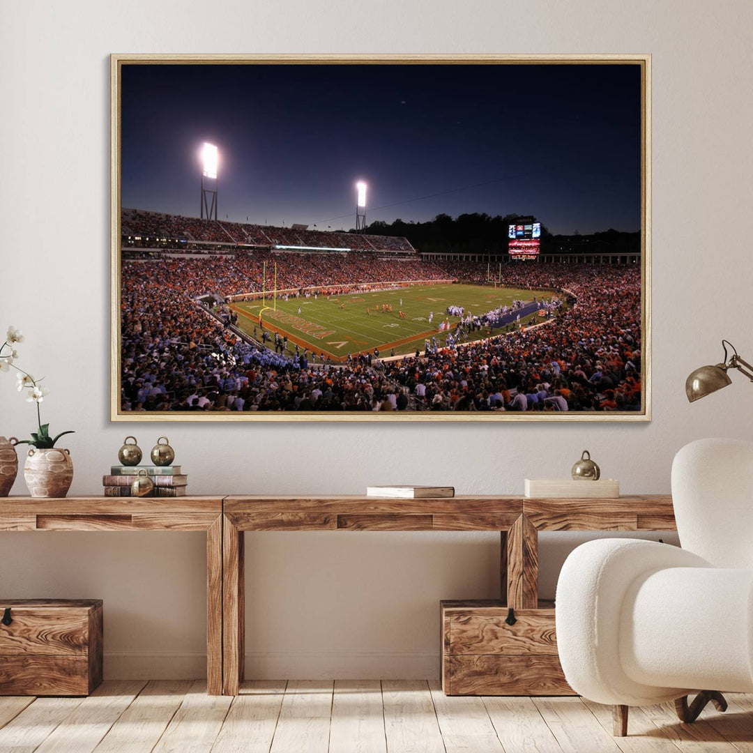 A nighttime game at Scott Stadium, floodlit—a scene from the Virginia Cavaliers Football art print.