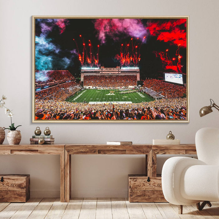 A Hokies football canvas print displays Lane Stadium at night with fireworks.