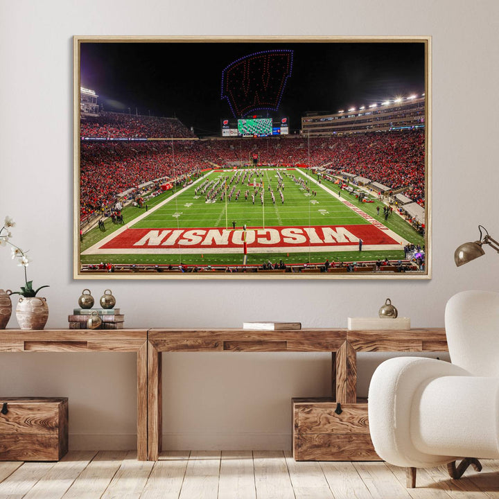 A premium canvas print captures a vibrant scene of Camp Randall Stadium featuring a lively football game with cheering fans and the energetic movements of the band.