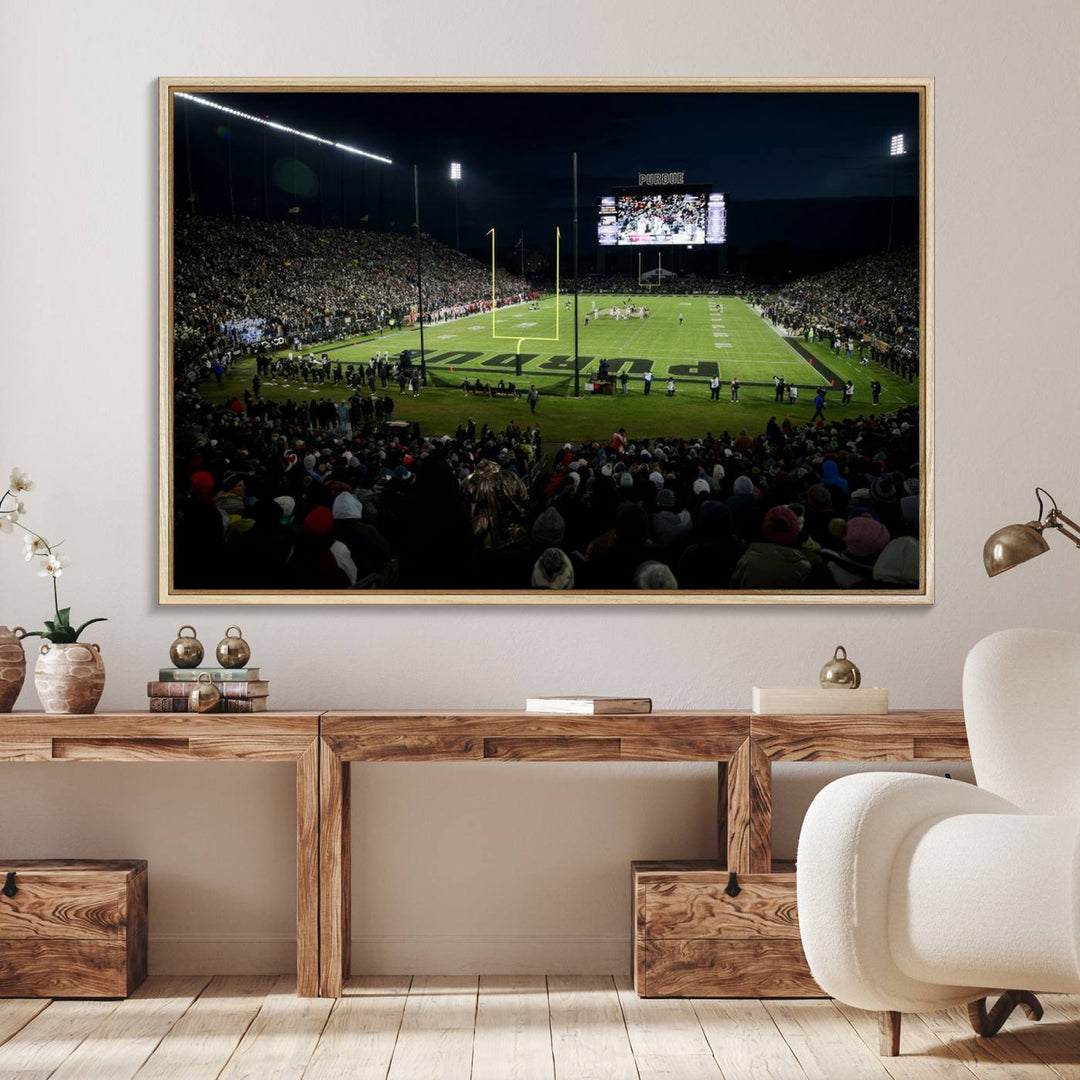 A Purdue Boilermakers canvas print beautifully showcases Ross–Ade Stadium in West Lafayette, vibrant with fans and a large screen display.