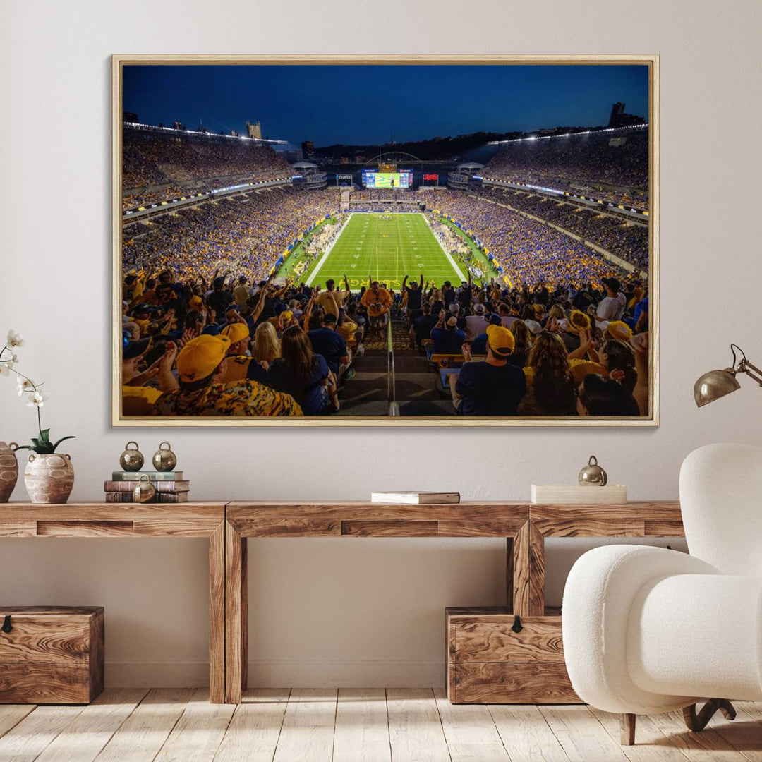 A Pittsburgh Panthers Acrisure Stadium canvas print captures the thrill of a packed stadium under lights and fans cheering.