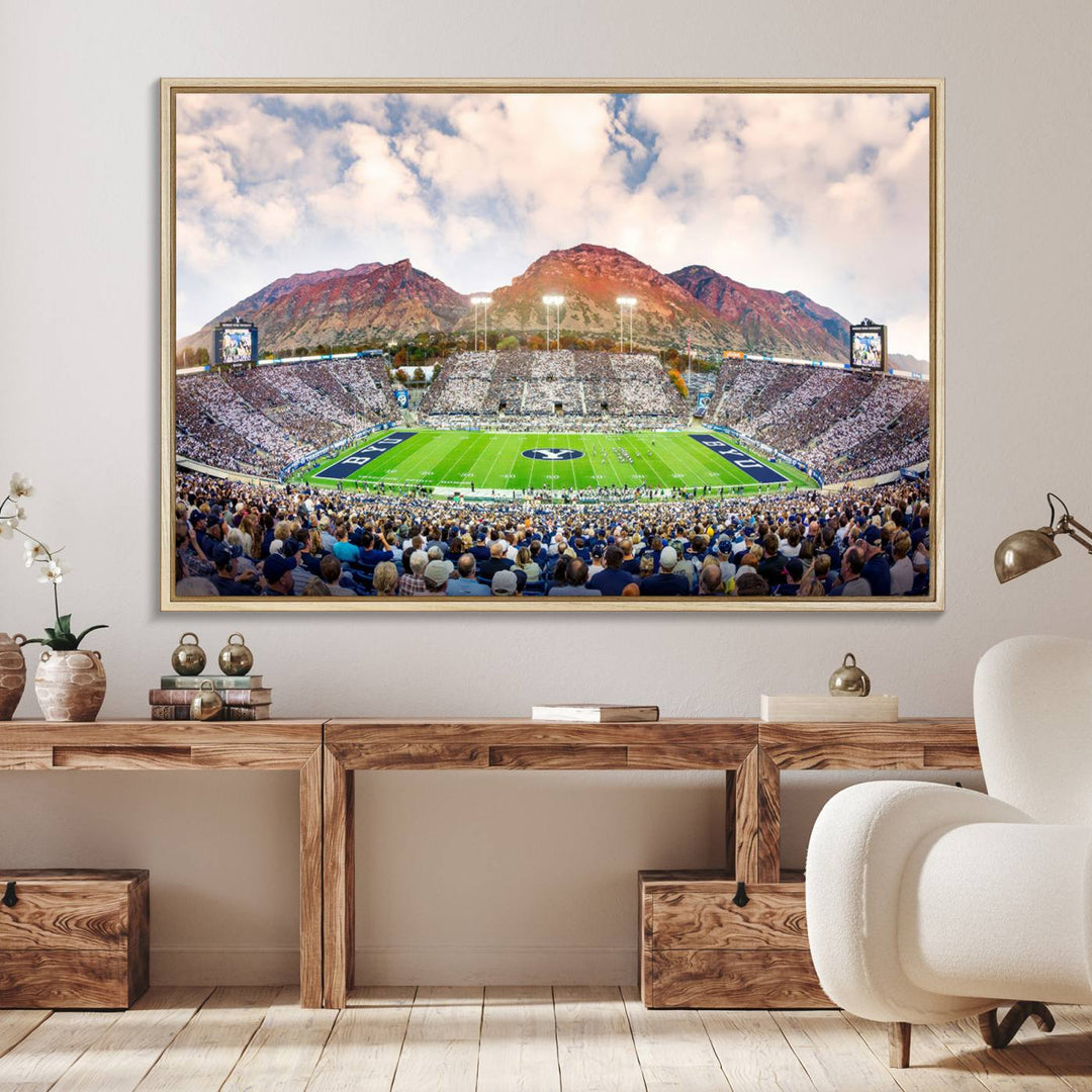 A museum-quality canvas featuring BYU Cougars Football at LaVell Edwards Stadium with a stunning mountain view.