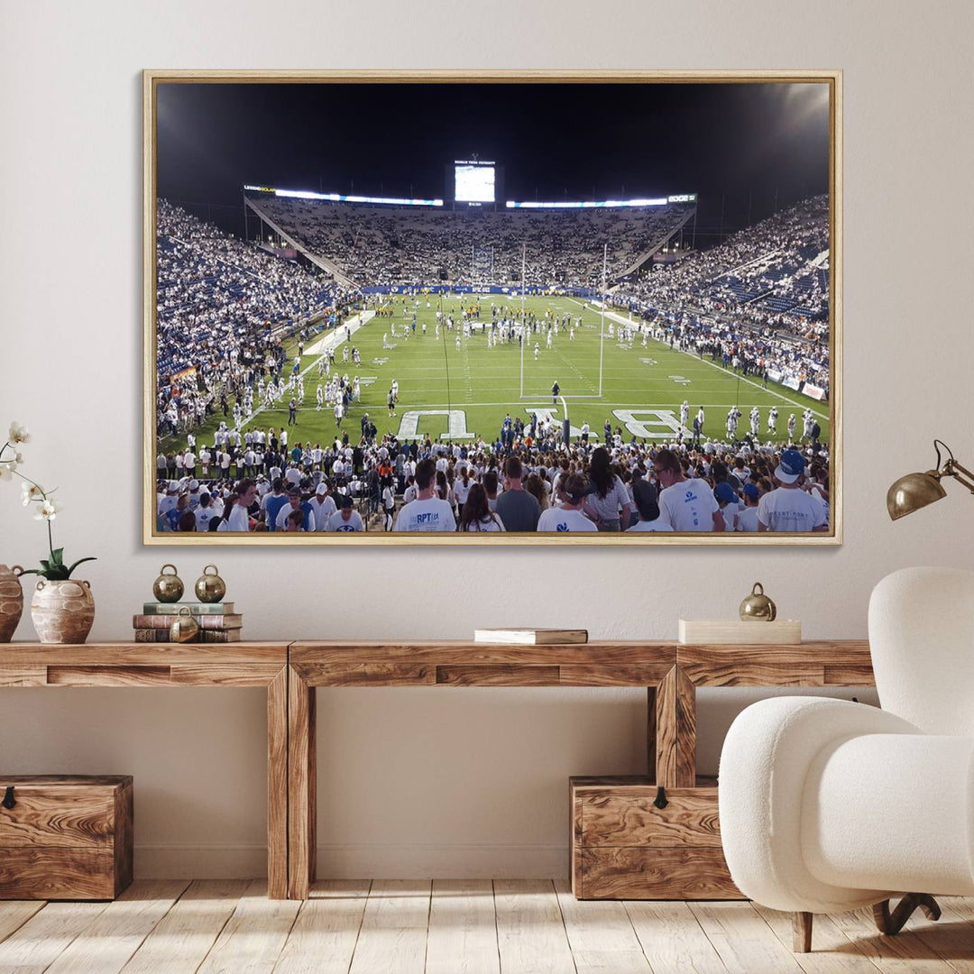 The wall art is a premium canvas of LaVell Edwards Stadium, offering a gallery-quality finish that showcases BYU Cougars pride.