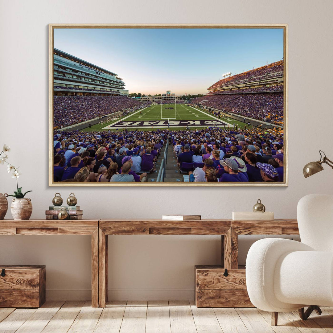 Sunset view of fans in purple at Bill Snyder Family Stadium, captured in a stunning gallery wall art canvas, perfect for a modern living room or office.