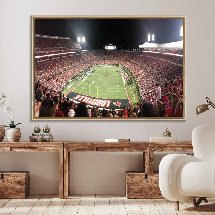 Panoramic view of a crowded football stadium with Louisville in the end zone, crafted as University of Louisville wall art.