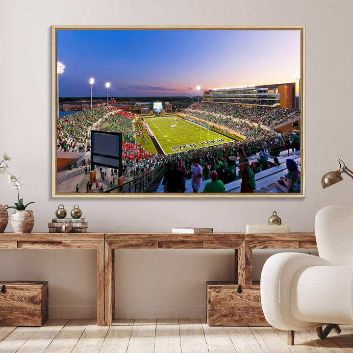 The canvas features Denton DATCU Stadium, OZEKI FIELD, illuminated under the lights and vibrant with fans supporting the University of North Texas.