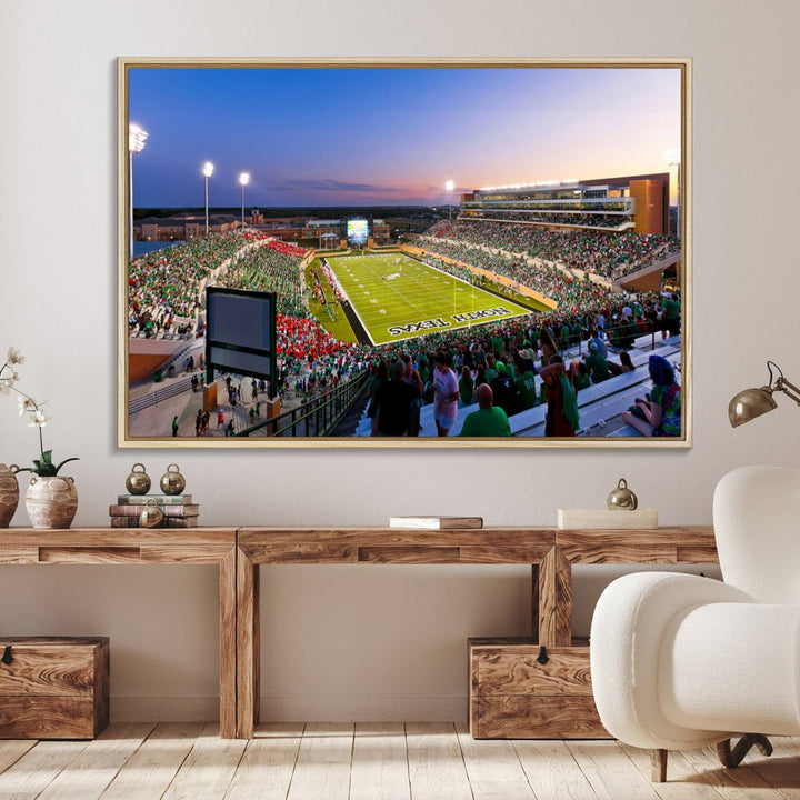 Aerial view of University of North Texas DATCU Stadium at sunset on canvas, showcasing a colorful sky.