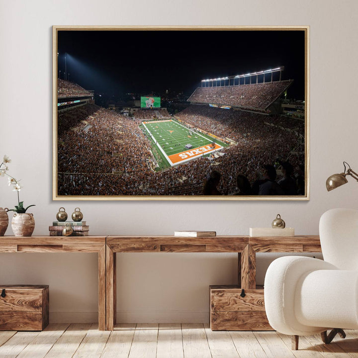 A football game at a packed stadium is captured on the University of Texas Longhorns Stadium Canvas Print.