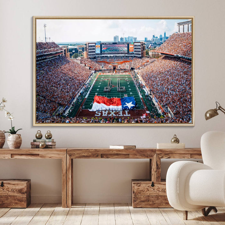 University of Texas Longhorns canvas: A premium print depicting Darrell K Royal-Texas Memorial Stadium with the city skyline and Texas flag.