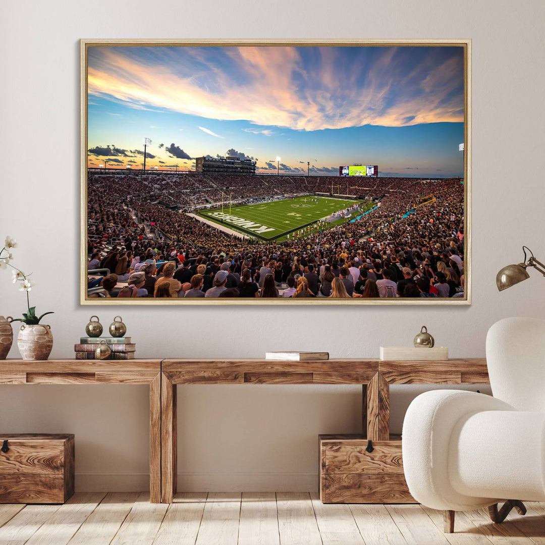 A vibrant wall art canvas captures a sunset scene at Orlandos FBC Mortgage Stadium, featuring the UCF Knights.